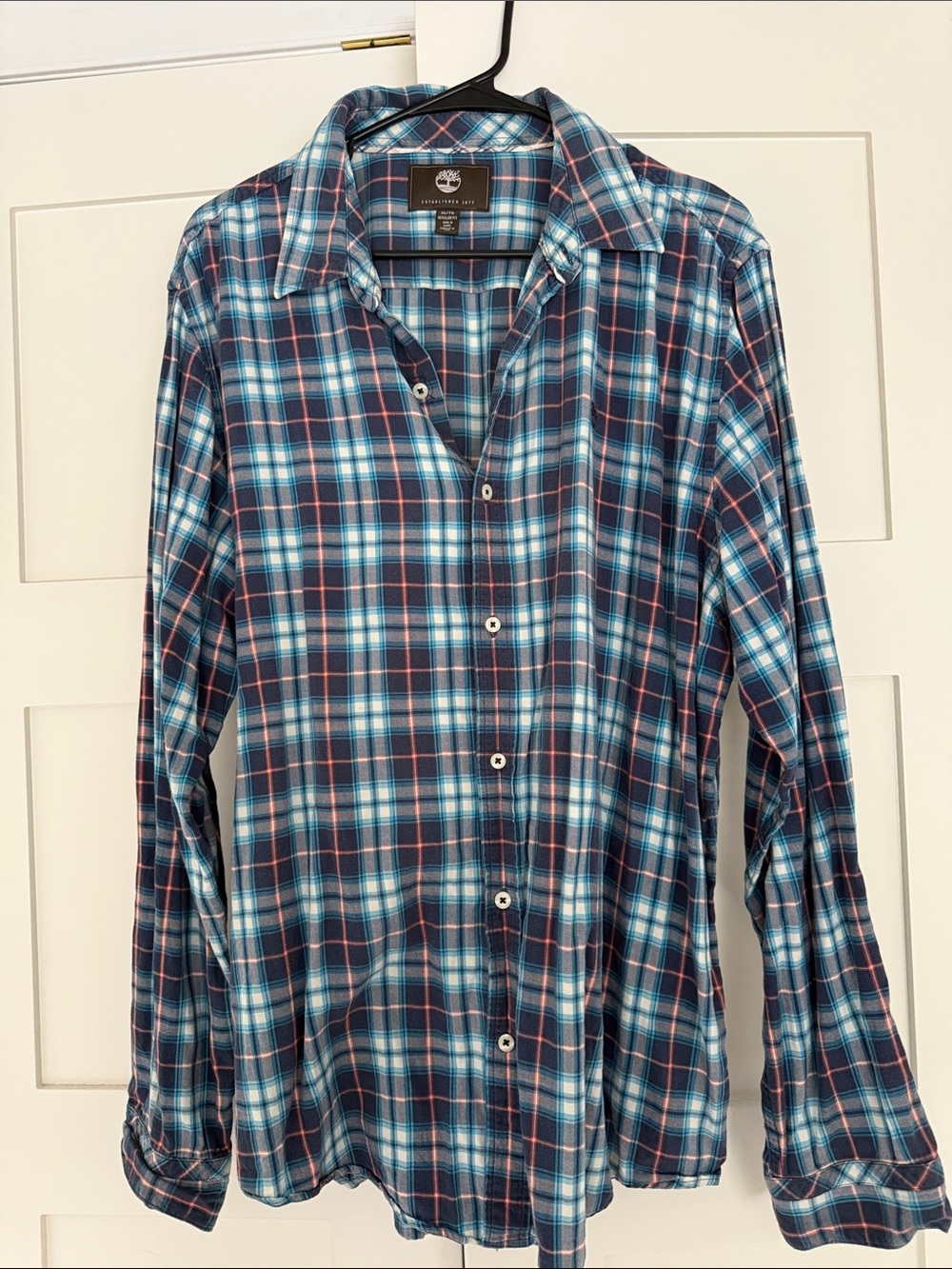 Timberland Men's Navy and Light Blue Plaid Button-Down Shirt